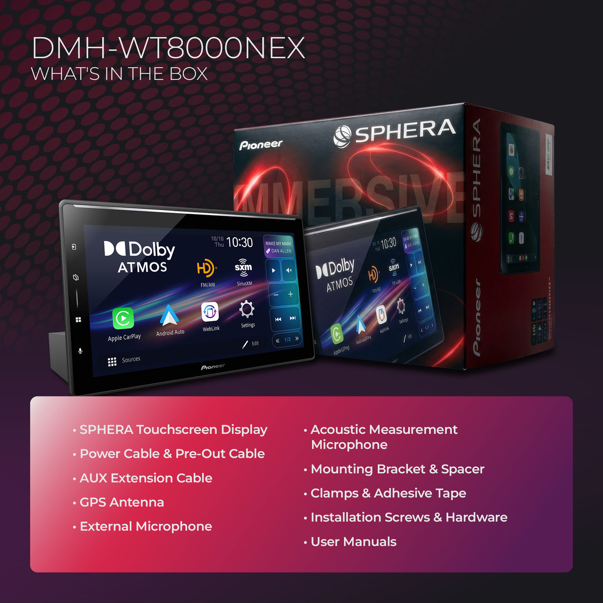 Pioneer Sphera touchscreen car stereo package and product shown on a dark gradient background, with text listing included accessories such as Dolby Atmos display, power cable, AUX extension cable, GPS antenna, external microphone, acoustic measurement microphone, mounting bracket, clamps, adhesive tape, installation screws, and user manuals.