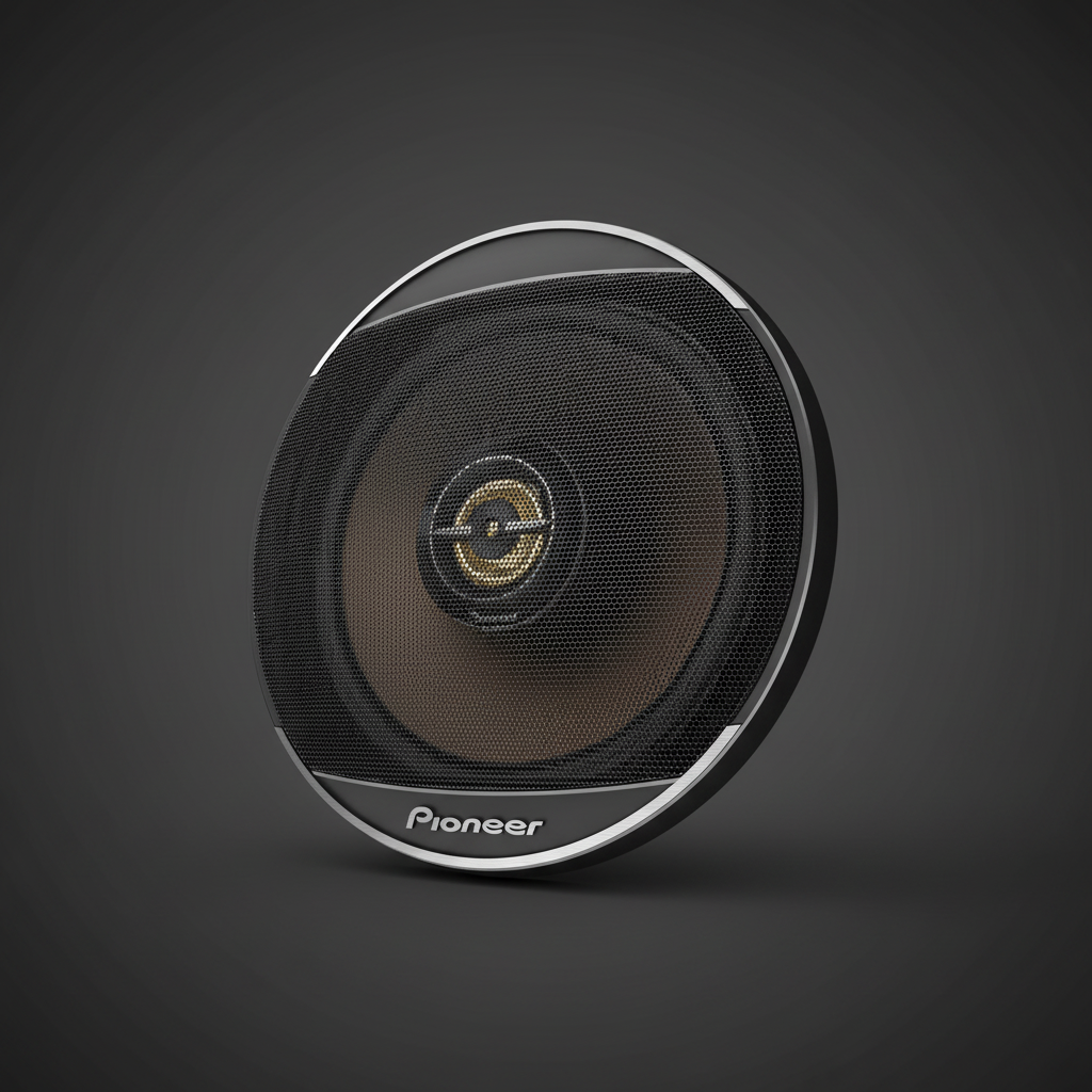 A single round Pioneer car speaker shown at a slight angle on a dark gray gradient background. The speaker features a black mesh grille, a brown woofer cone, and a silver outer ring with the white 'Pioneer' brand name printed at the bottom.
