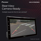 Pioneer DMH-WT8000NEX Rear-View Camera Ready head unit on a dark background with product text and a screen showing a rear camera view.