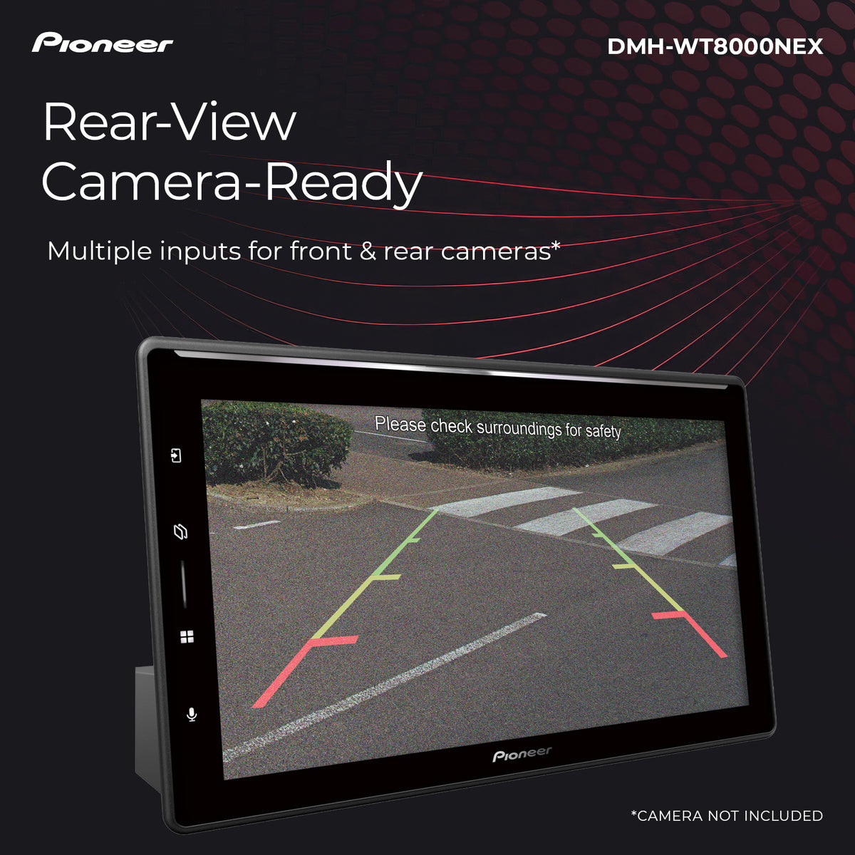 Pioneer DMH-WT8000NEX Rear-View Camera Ready head unit on a dark background with product text and a screen showing a rear camera view.