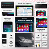 A promotional infographic for a car stereo upgrade, featuring a large central screen showing the installed interface and multiple inset feature callouts around it. Text includes 'Turn-by-Turn Guidance,' 'Parking Deterrent,' 'Music Sync Mode,' 'Works with PxLINK,' 'All-new DMH-WT8000EX,' 'Quick Swipe Control,' '720p 10.