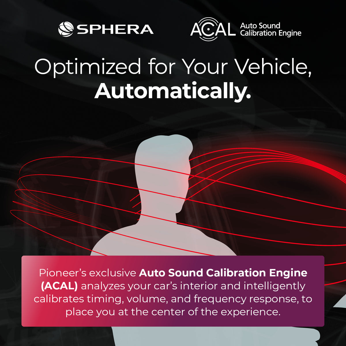 Promotional graphic for Sphera and ACAL Auto Sound Calibration Engine, featuring a white silhouette of a person with red sound wave lines and a purple text box explaining the interior calibration process.