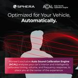 Promotional graphic for Sphera and ACAL Auto Sound Calibration Engine, featuring a white silhouette of a person with red sound wave lines and a purple text box explaining the interior calibration process.