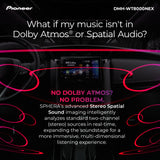 Pioneer DMH-WT8000NEX car stereo touchscreen advertisement showing the infotainment display mounted in a car dashboard. The ad features pink and white text explaining Dolby Atmos and Stereo Spatial Sound, with abstract pink sound wave graphics on a black background.