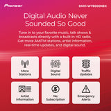 A promotional graphic for the Pioneer DMH-WT8000NEX digital audio receiver, featuring a red-to-pink gradient background with white text and six feature icons for more stations, digital sound, traffic updates, artist information, no subscription, and emergency alerts.