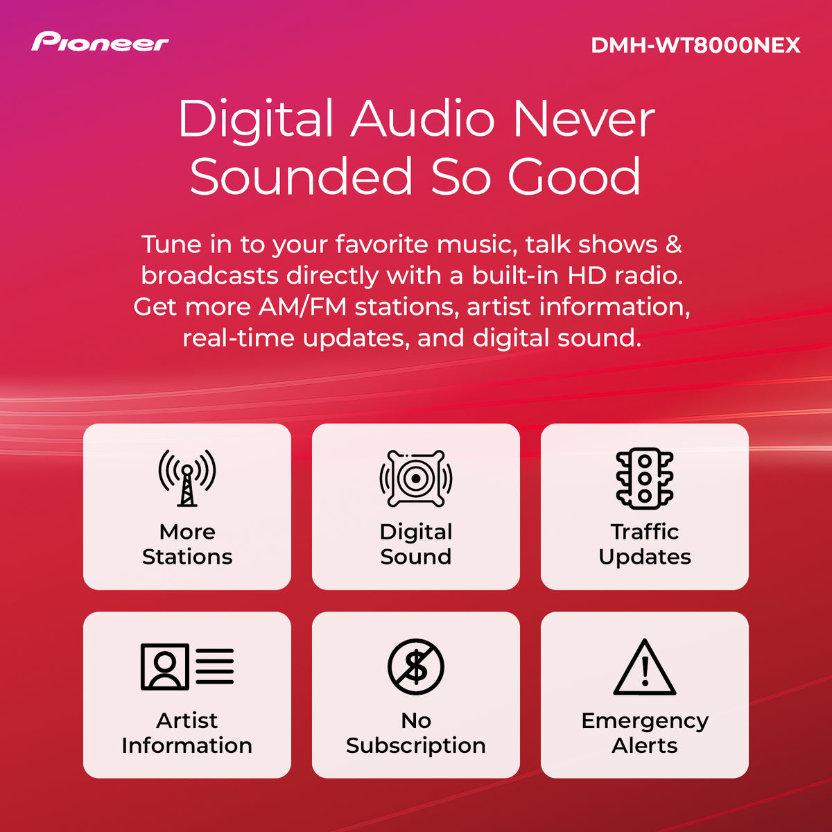 A promotional graphic for the Pioneer DMH-WT8000NEX digital audio receiver, featuring a red-to-pink gradient background with white text and six feature icons for more stations, digital sound, traffic updates, artist information, no subscription, and emergency alerts.