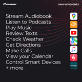 A promotional graphic for the Pioneer DMH-WT8000NEX smart speaker, featuring a list of capabilities like streaming audiobooks, listening to podcasts, playing music, reviewing texts, checking weather, getting directions, making calls, viewing the calendar, and controlling smart devices. The right side displays app compatibility icons for Google Maps, Spotify, YouTube, Apple Maps, Apple Music, and Wonderbox on a dark background with red connecting lines.