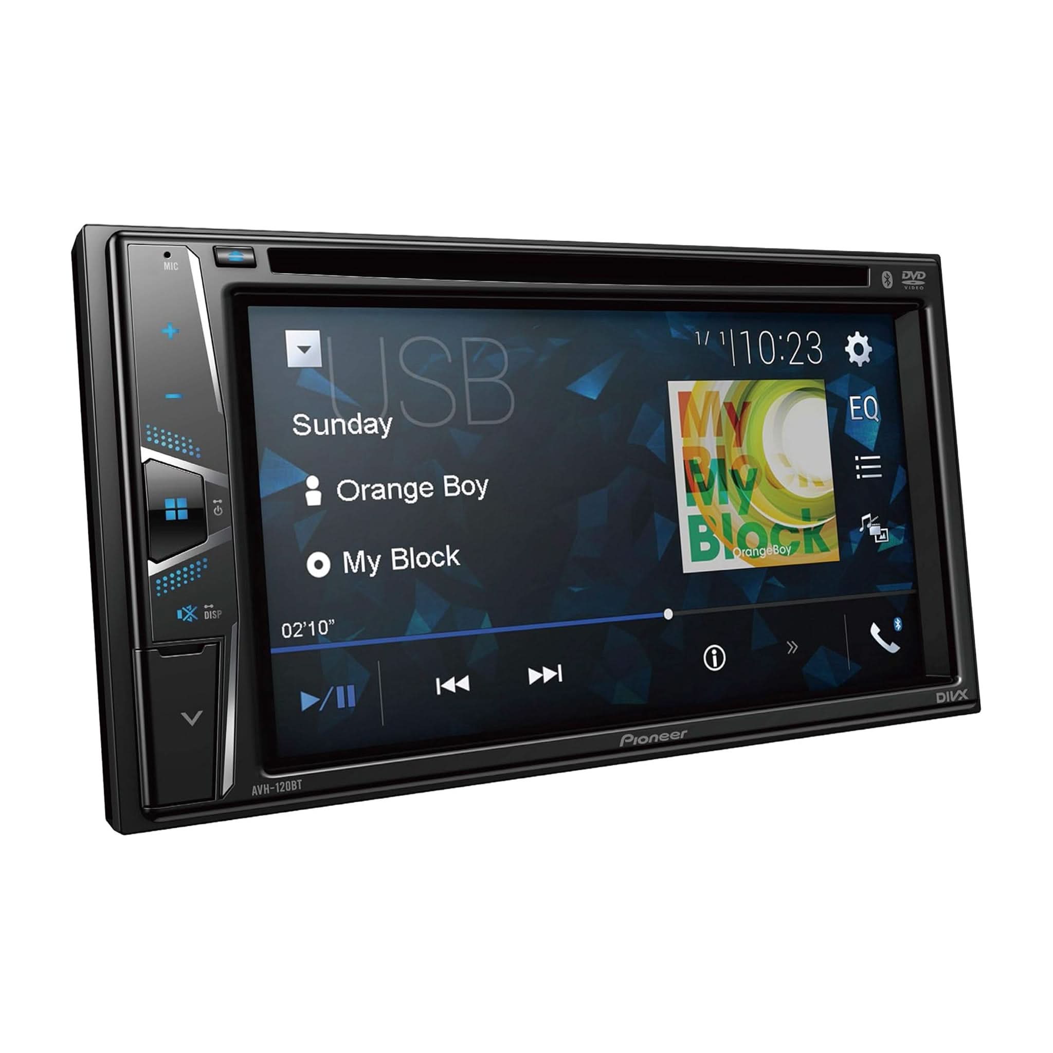 Car multimedia player with touchscreen display on a white background