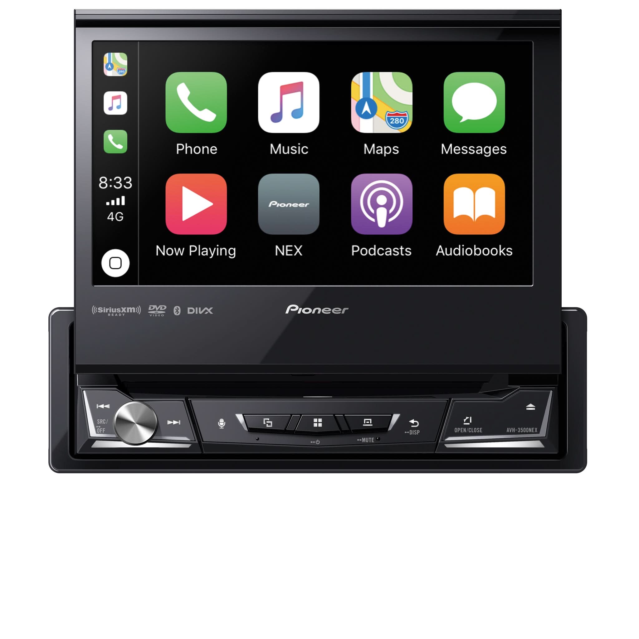 Pioneer car multimedia player with touchscreen display on a white background