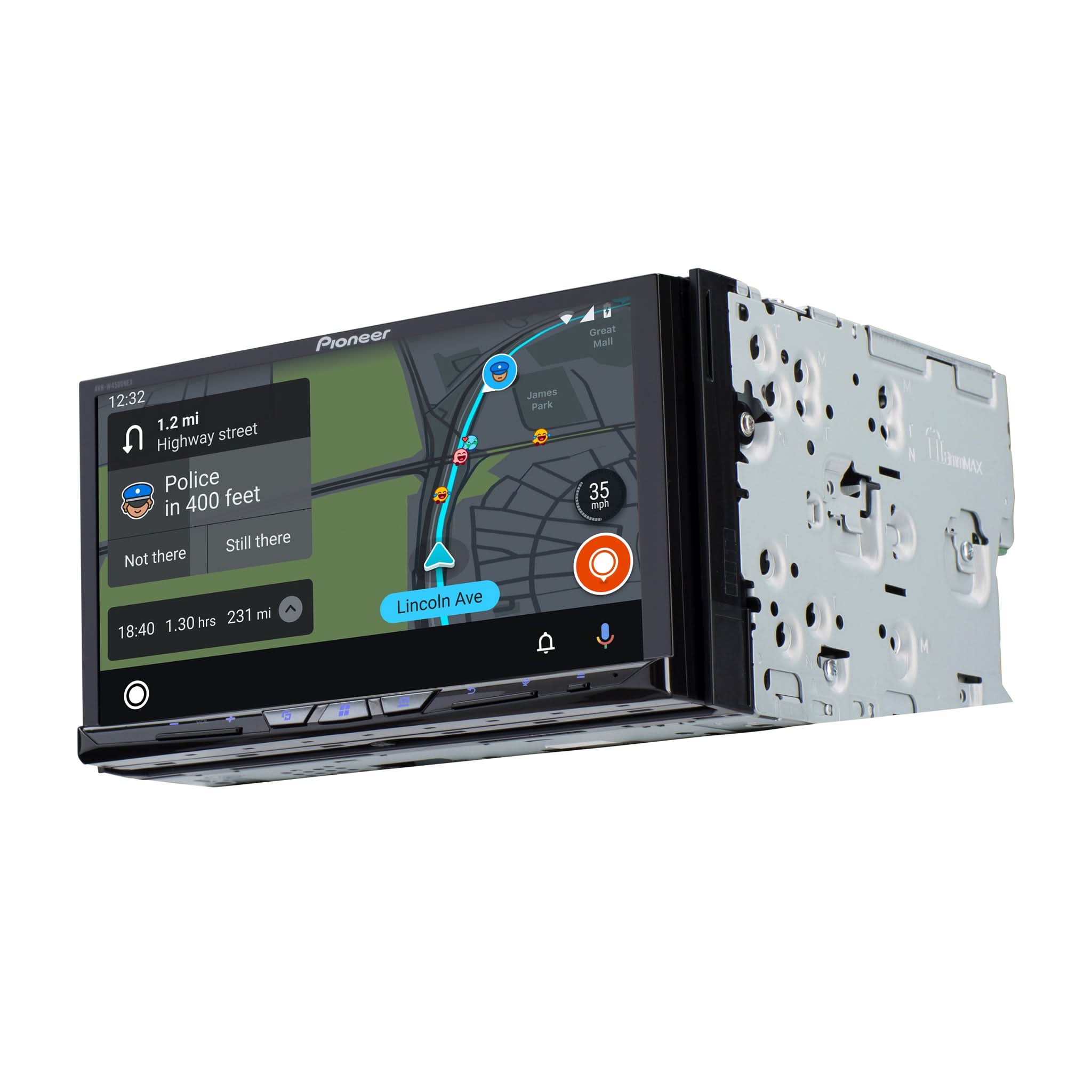 Car stereo system with navigation display on a white background