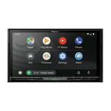 Car multimedia system with touchscreen display on a white background