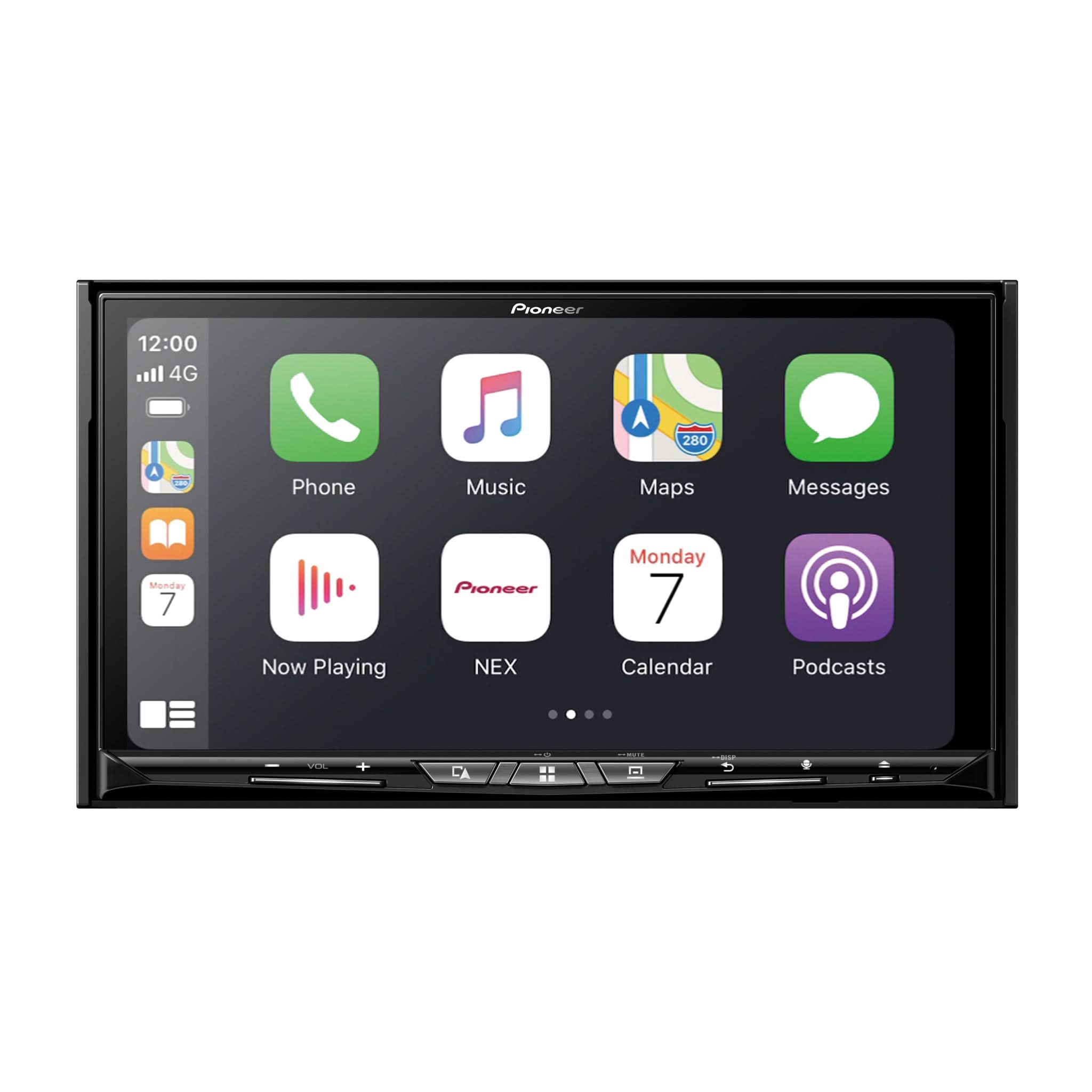 Car multimedia display with app icons on a white background
