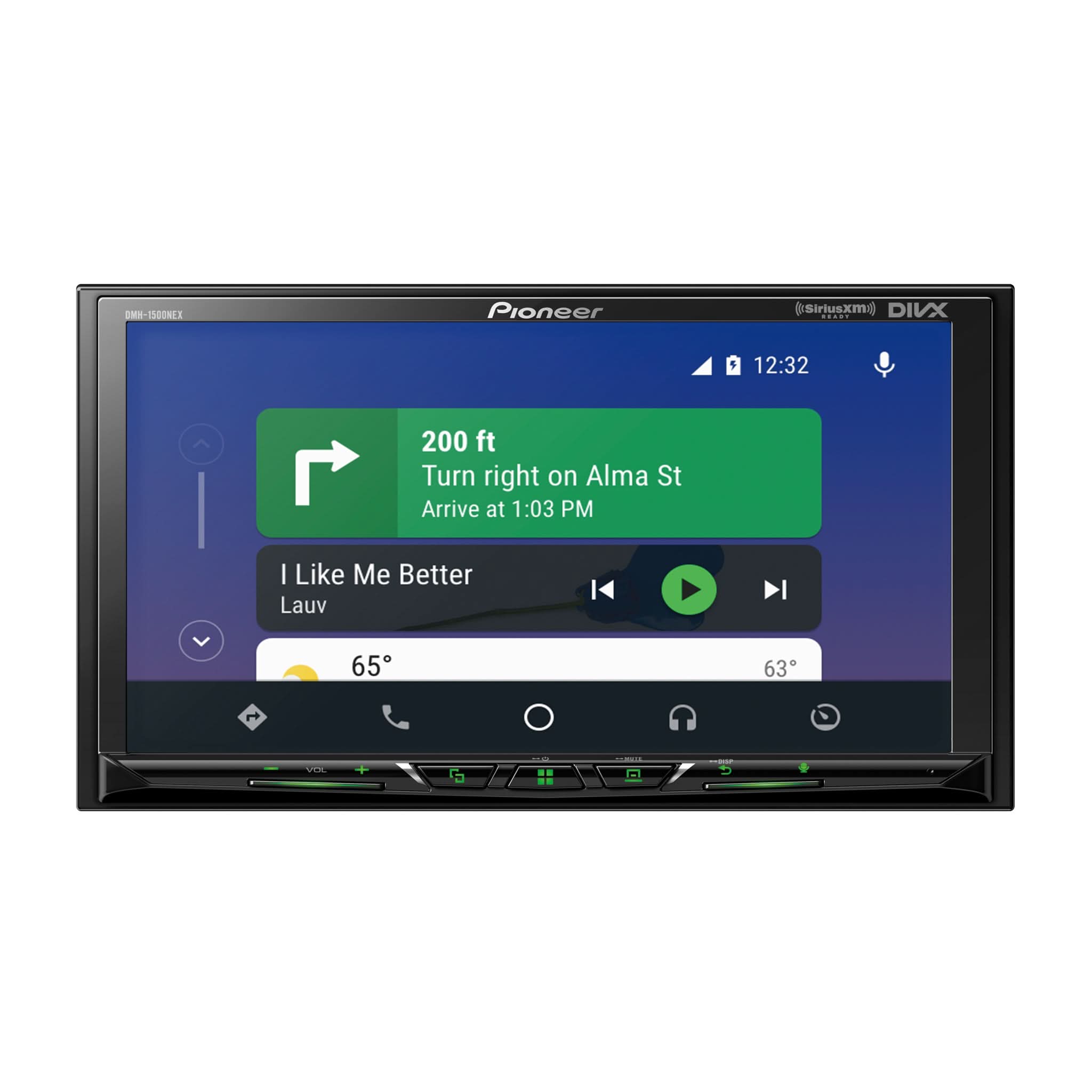 Pioneer car multimedia player with navigation display on a white background