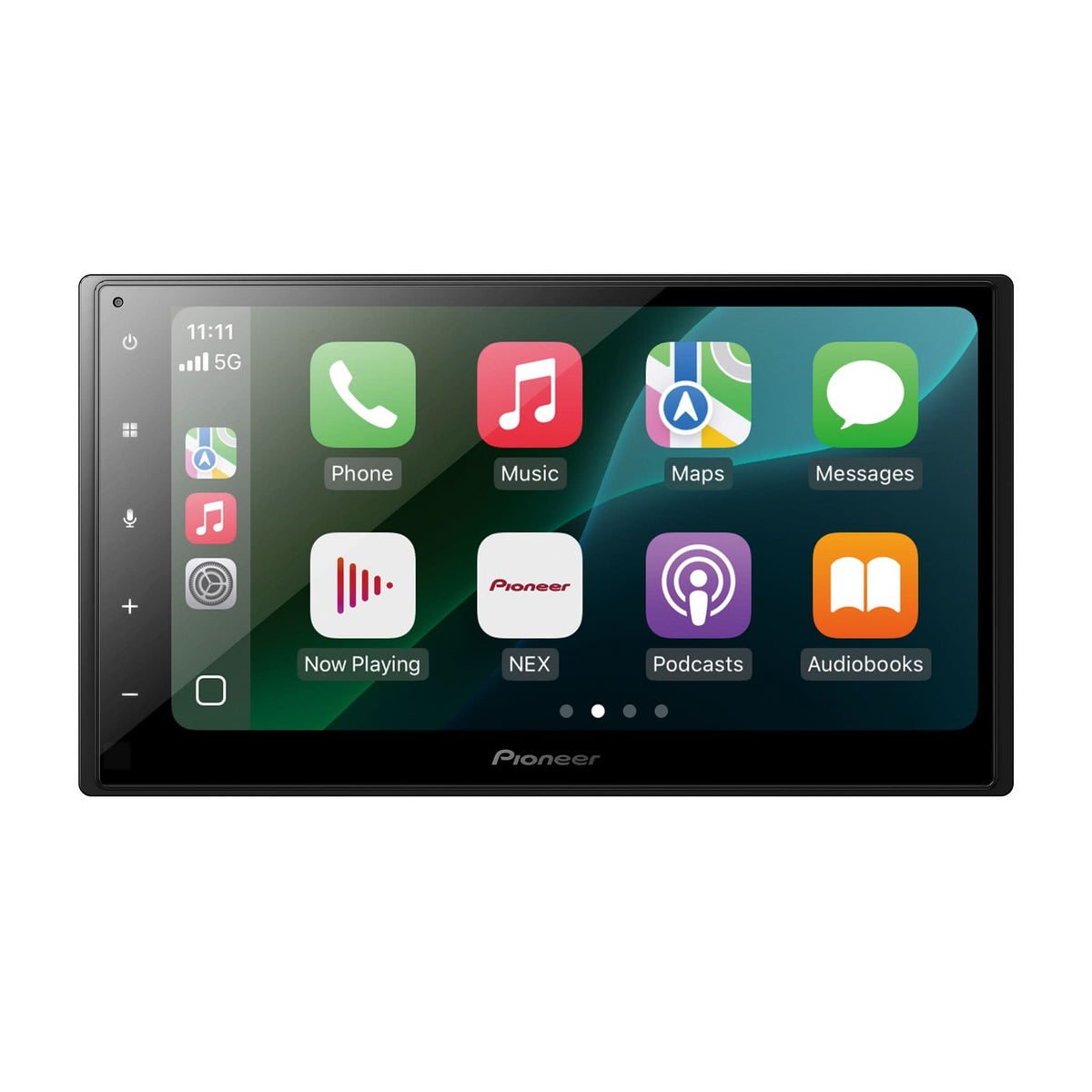 Pioneer car stereo head unit with a touchscreen display showing various media and navigation apps, set against a plain white background.