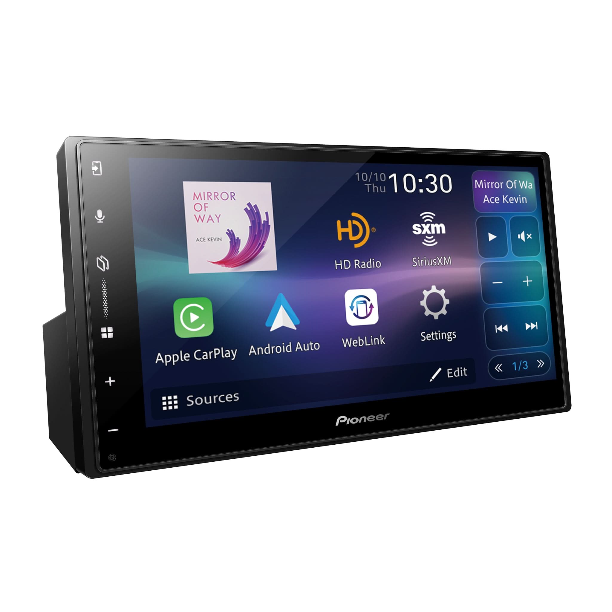 Pioneer car multimedia display with touchscreen interface on a white background