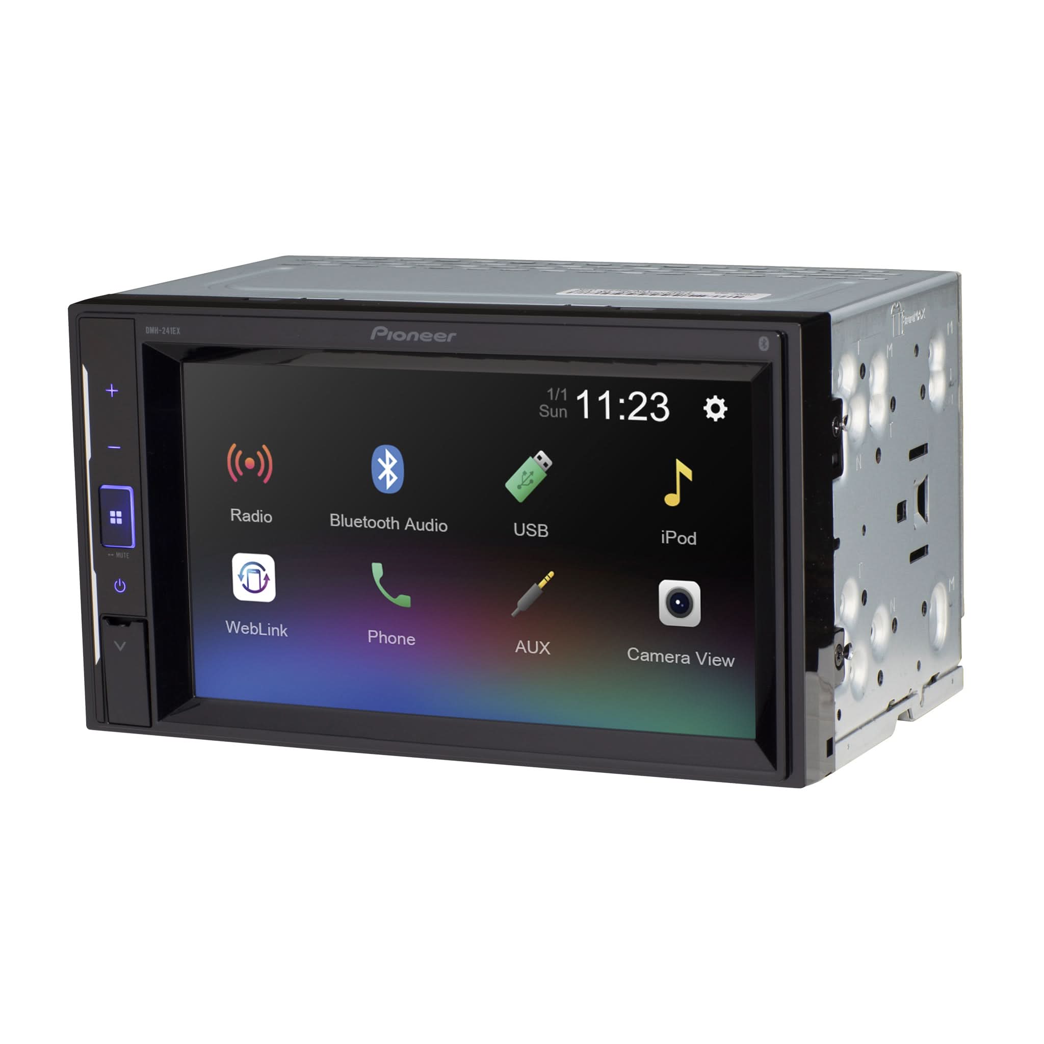 Pioneer car multimedia player with touchscreen interface on a white background