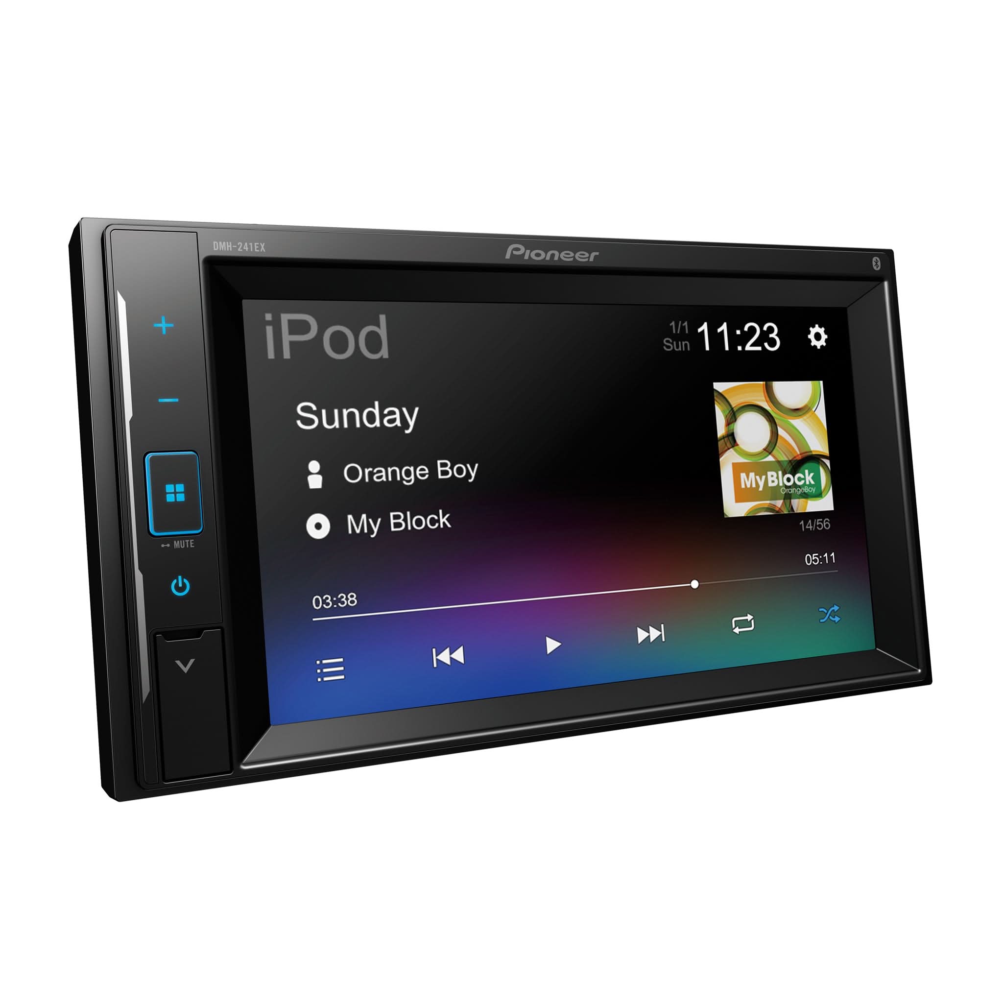 Pioneer car multimedia player with touchscreen display on a white background