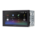 Car multimedia player with touchscreen interface on a white background