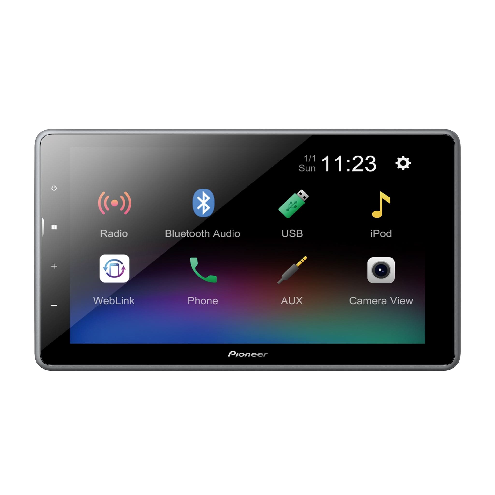 Pioneer car multimedia display with touchscreen interface on a white background