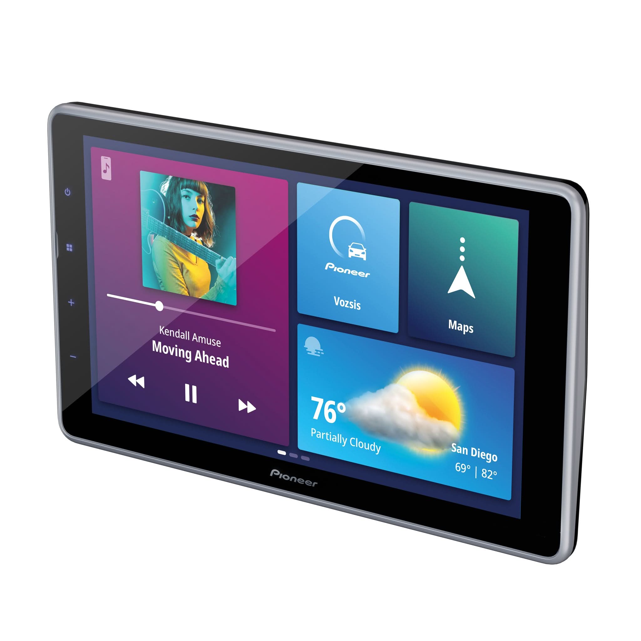 Pioneer car multimedia display with music, navigation, and weather information on a white background