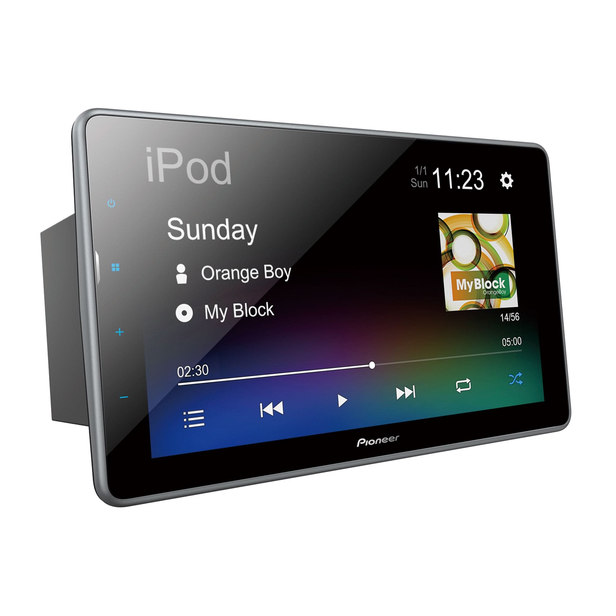 Pioneer car multimedia display with music player interface on a white background