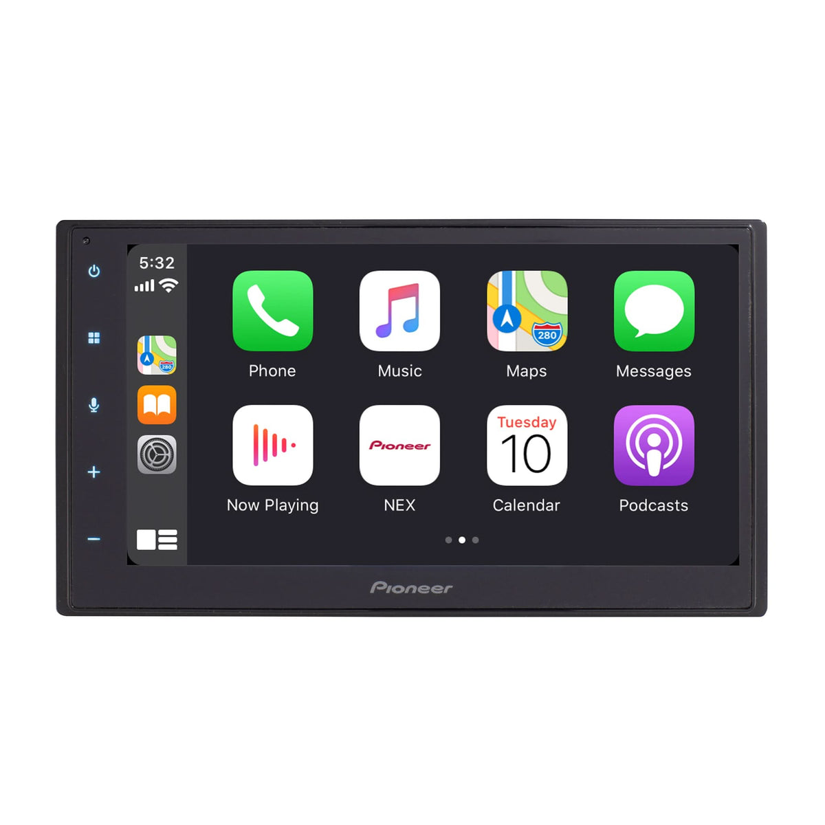 Pioneer car multimedia display with app icons on a white background