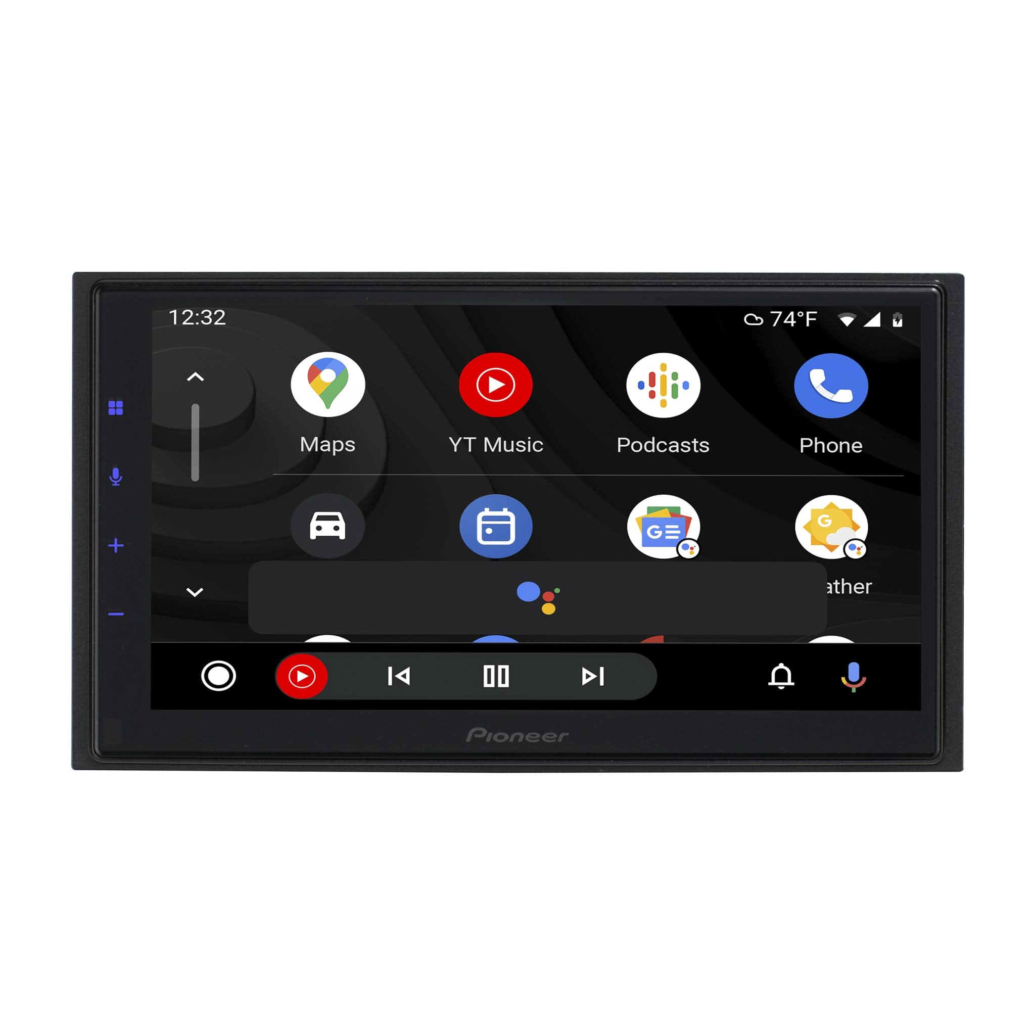 Car multimedia system with touchscreen display on a white background