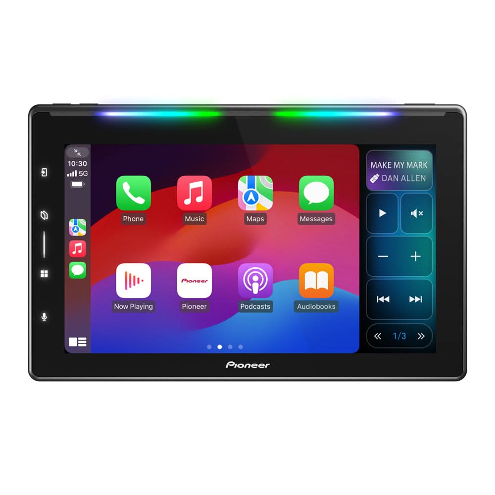 Pioneer car multimedia display with touchscreen interface on a white background