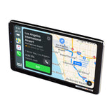 Digital display with map and navigation information on a white background