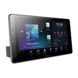 Pioneer car multimedia display with touchscreen interface on a white background