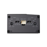 Back panel of electronic equipment with connectors and labels on a white background