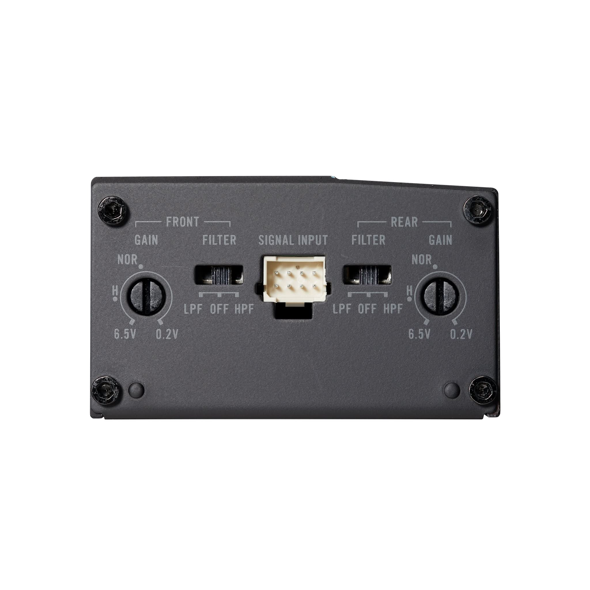 Back panel of electronic equipment with connectors and labels on a white background