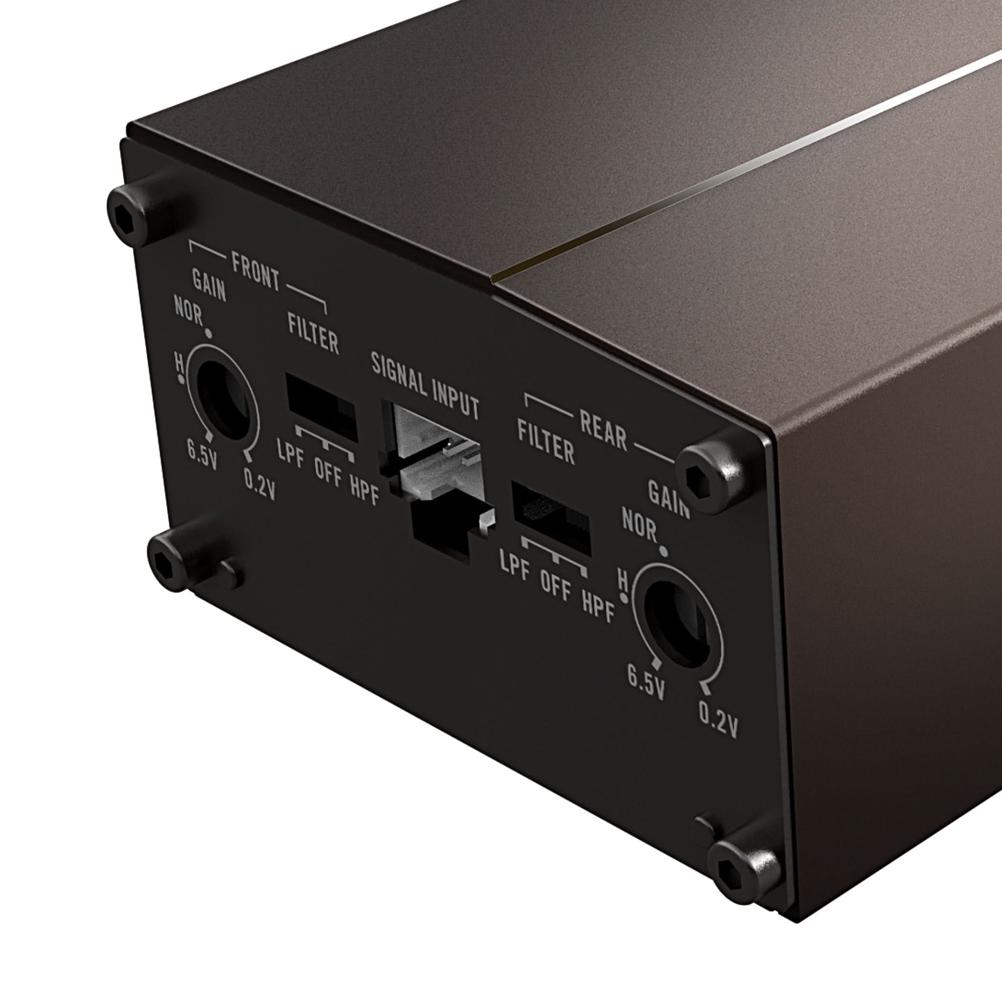 Audio interface with control knobs and connectors on a white background