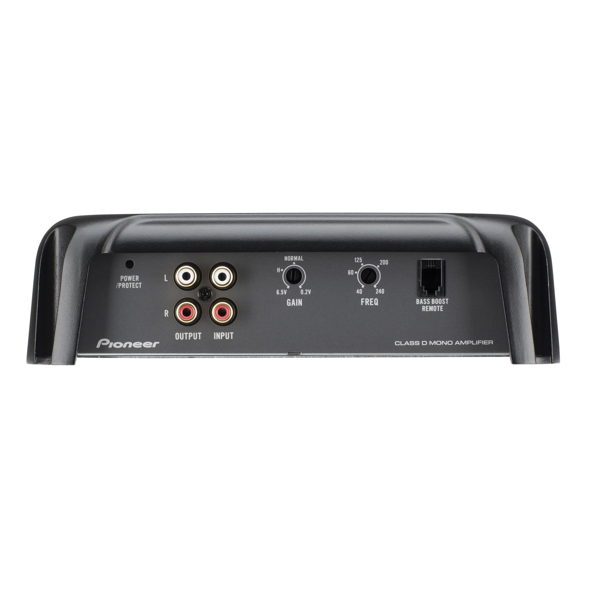 Pioneer audio amplifier with control knobs and connectors on a white background