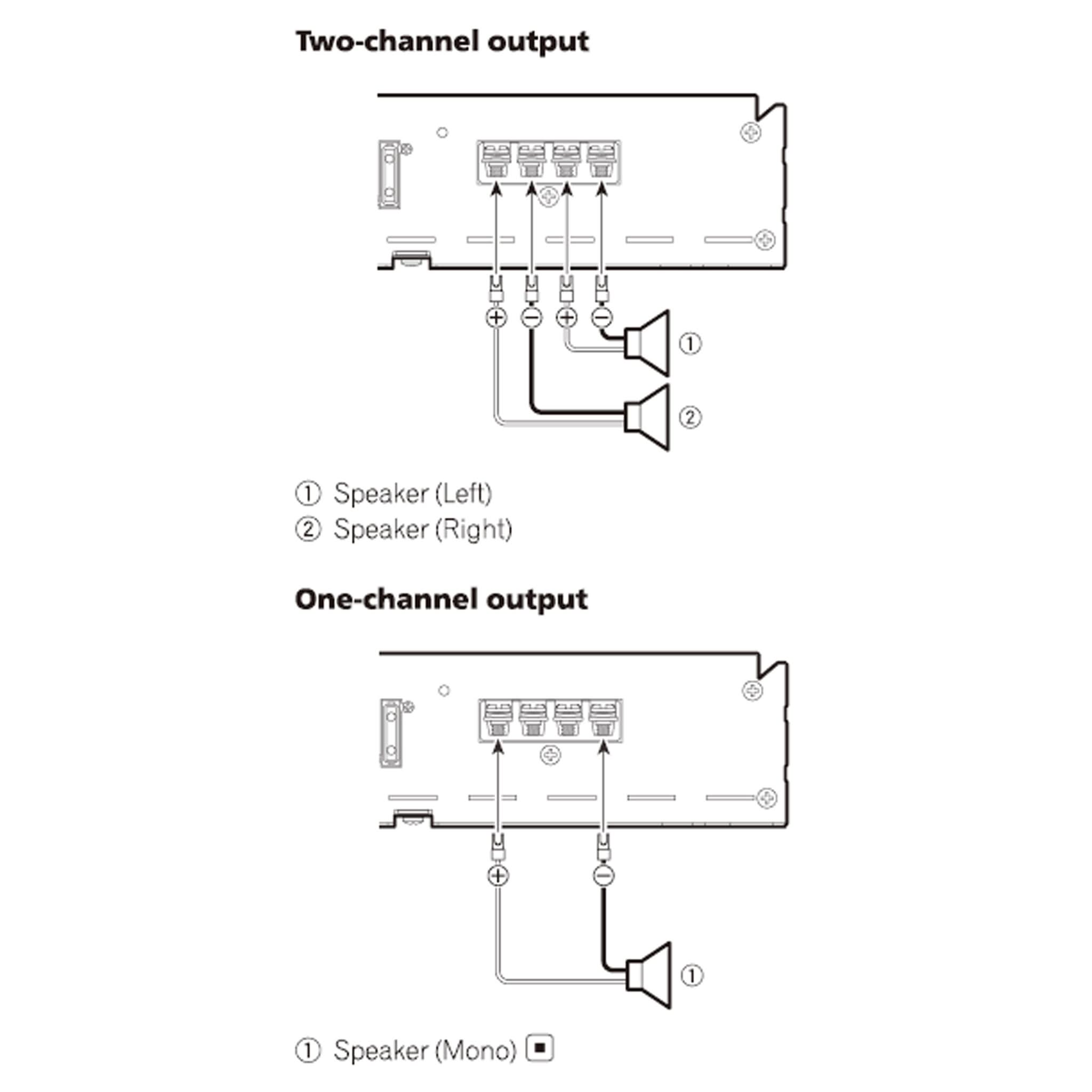 Black and white wiring diagram showing terminal connections for a two-channel and one-channel audio output, with speaker connections labeled on the right side.