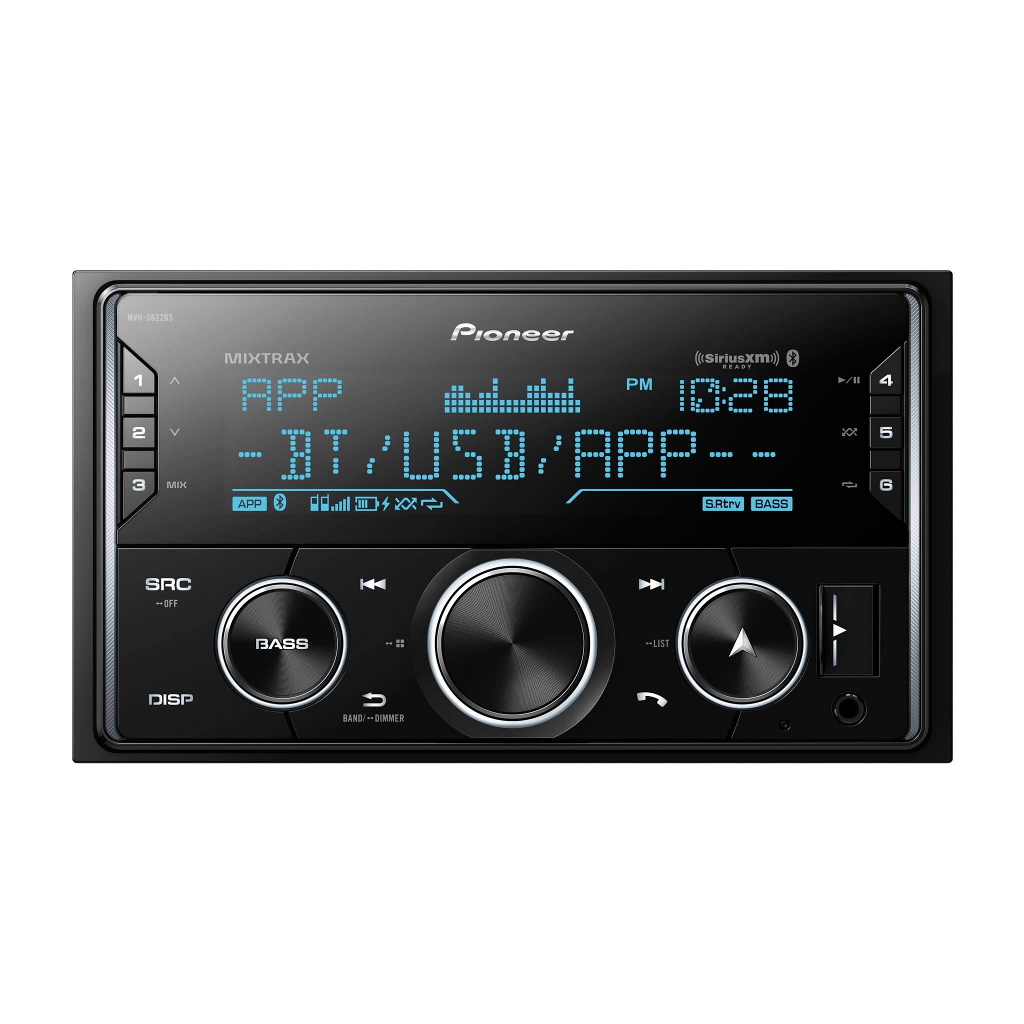 Pioneer car stereo system with digital display on a white background
