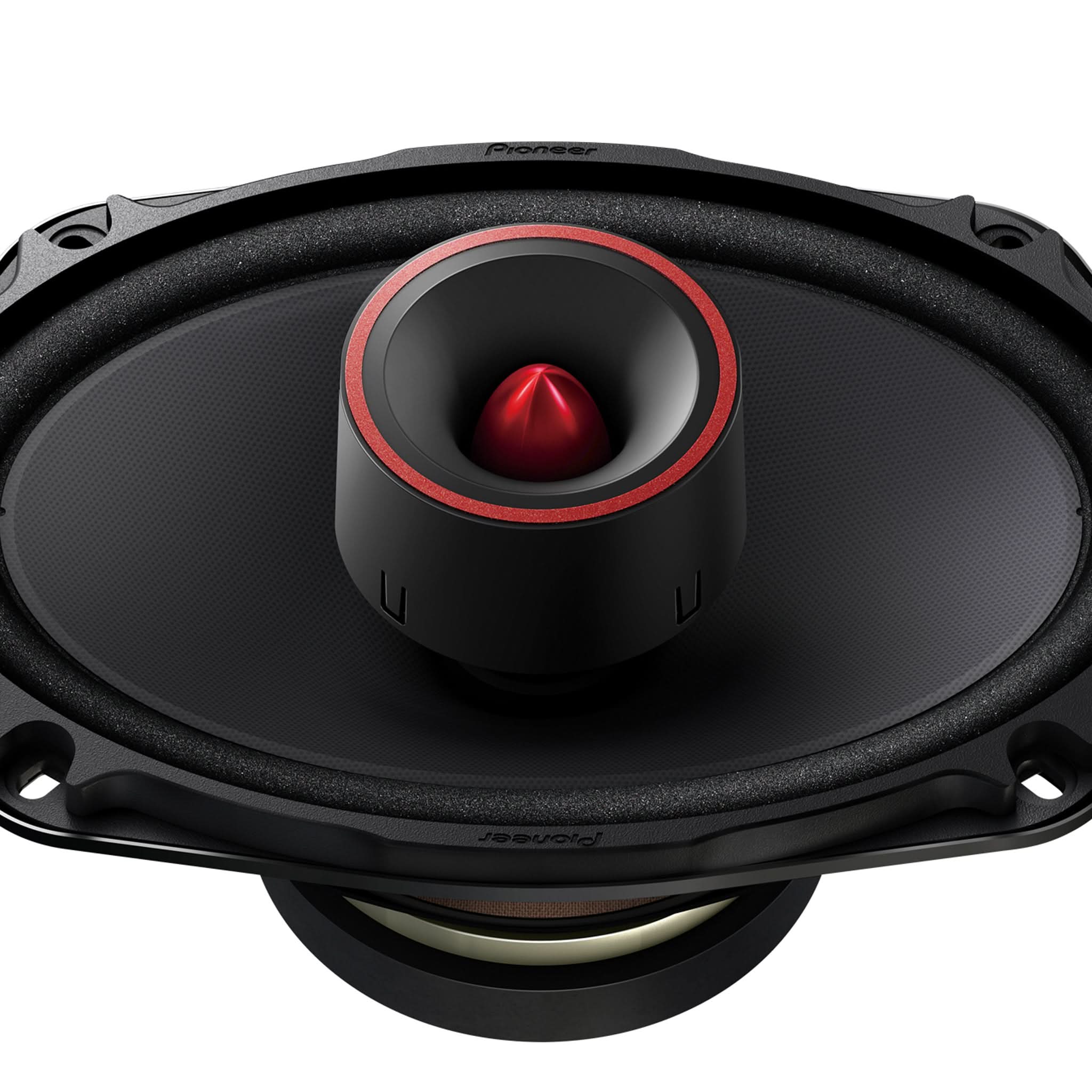 Car speaker with a red center on a white background