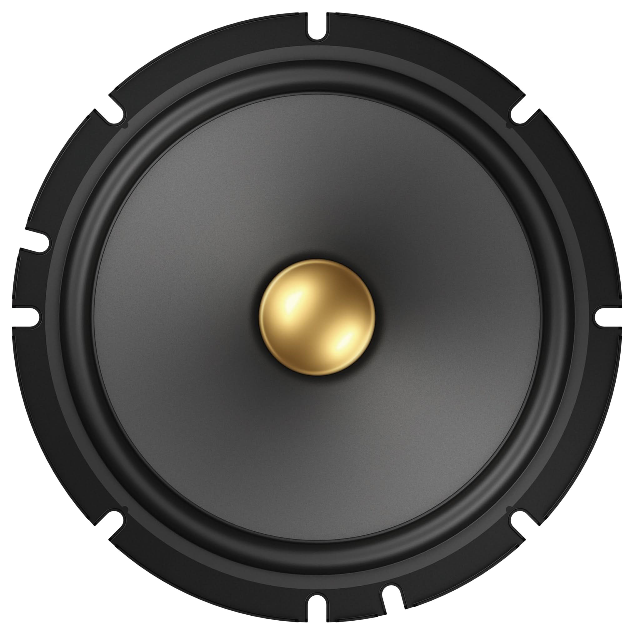 Speaker cone with a gold driver on a white background