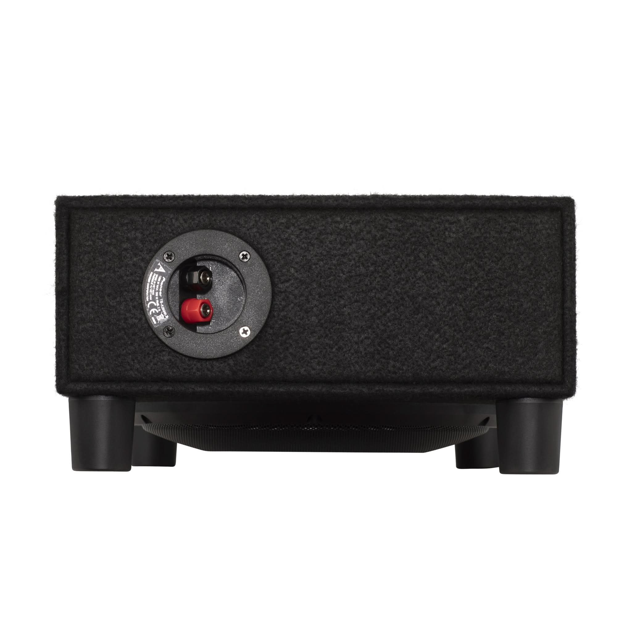 Black rectangular audio speaker with a visible brand logo on a white background