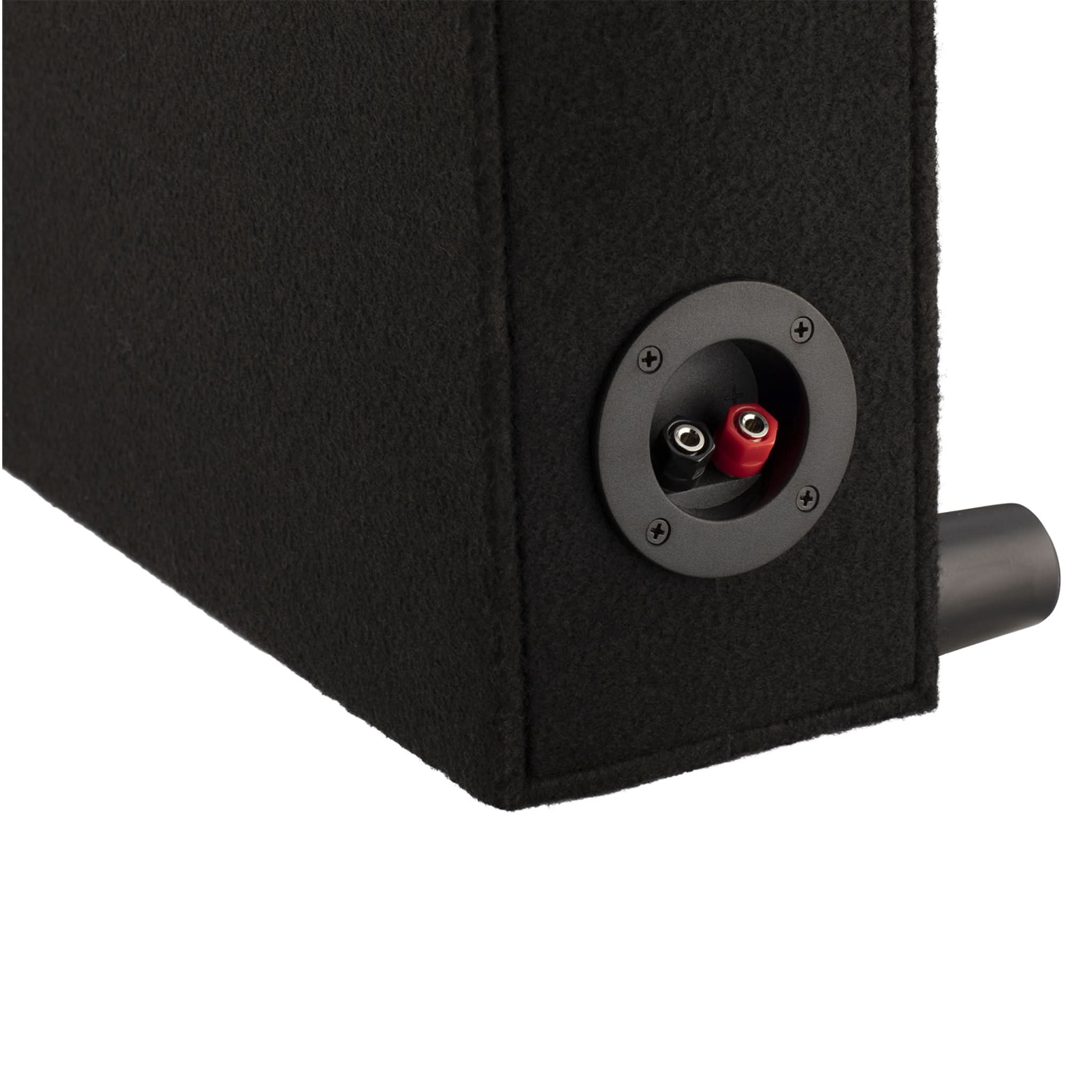 Black speaker enclosure with a ported design on a white background