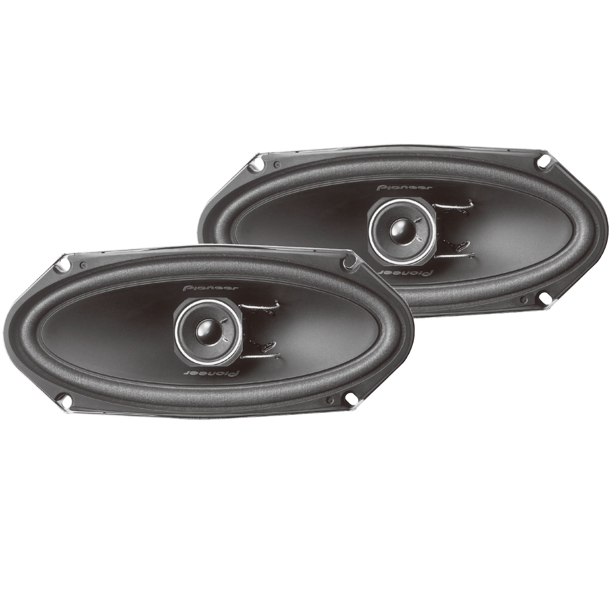 Two Pioneer car speakers on a white background