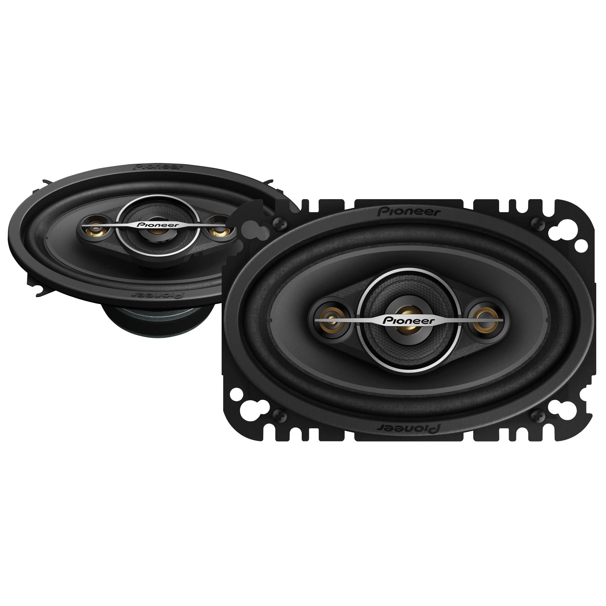 Two Pioneer car speakers on a white background