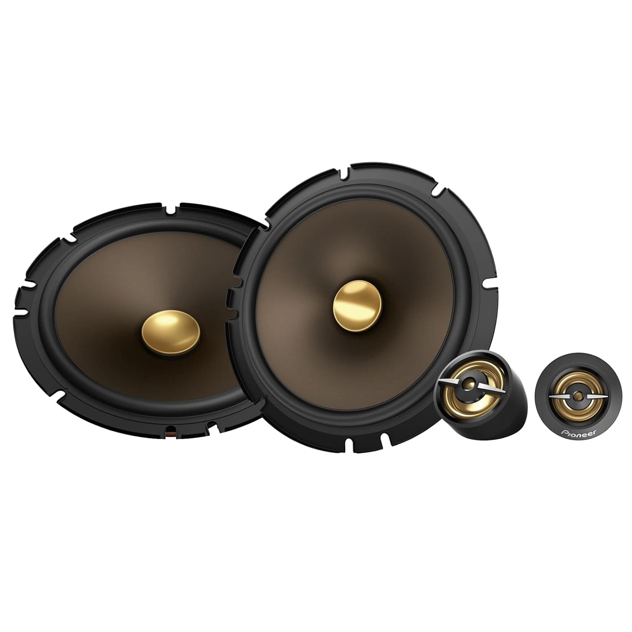 Set of car speakers with gold cones on a white background
