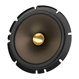 Speaker driver with black surround and gold dome on a white background