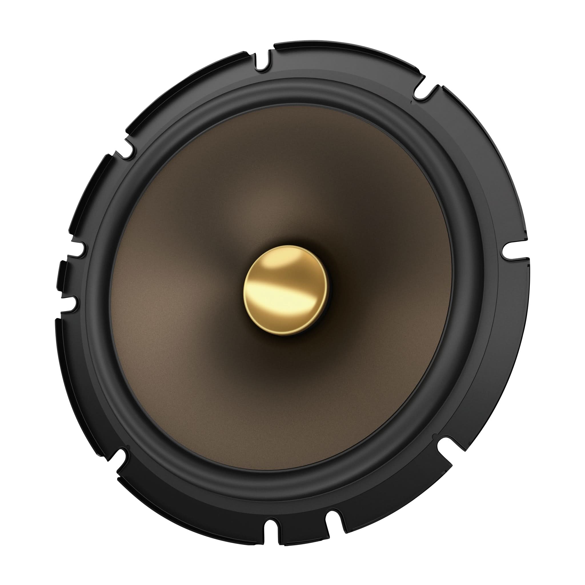 Speaker driver with black surround and gold dome on a white background
