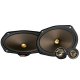 Pair of car speakers with gold cones on a white background