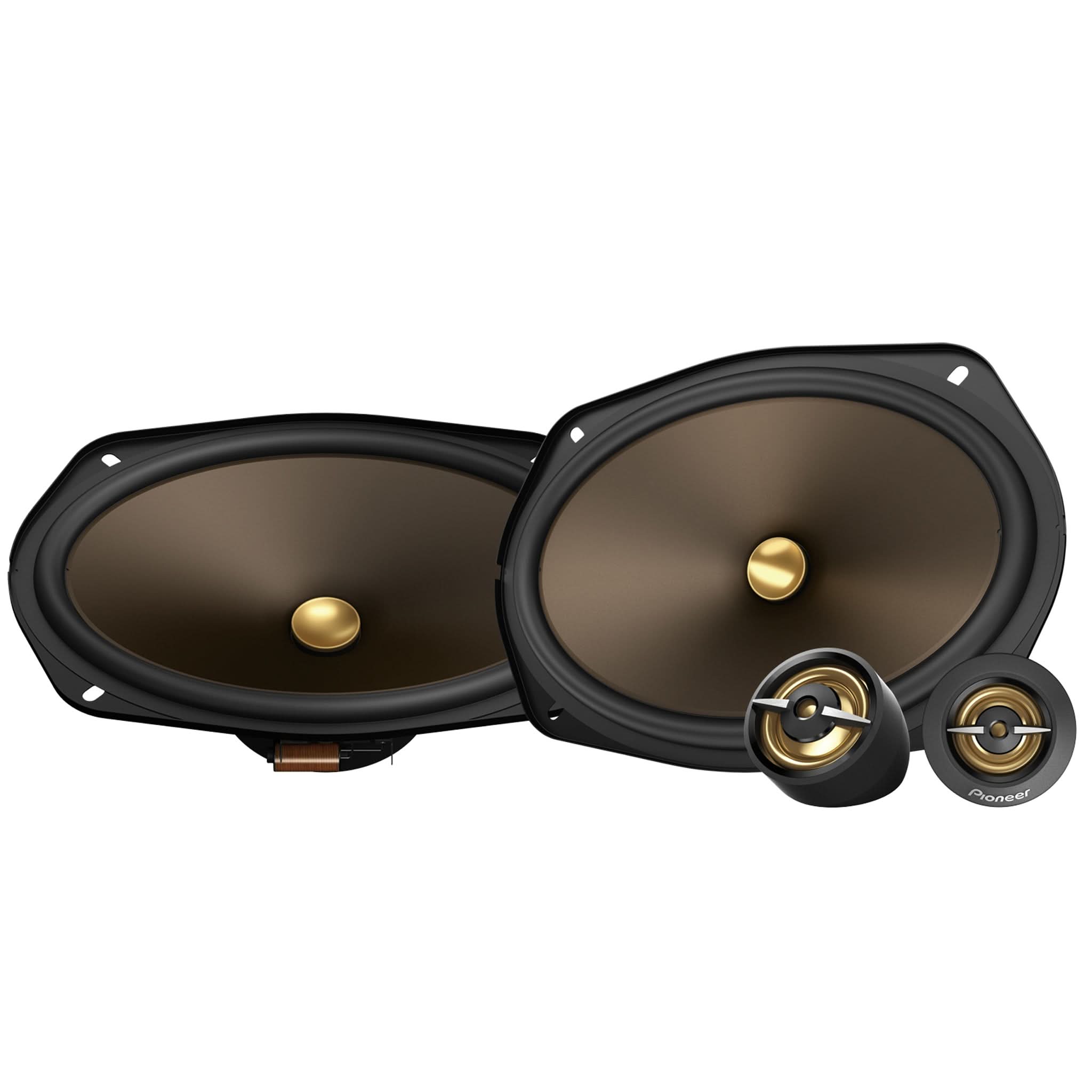 Pair of car speakers with gold cones on a white background