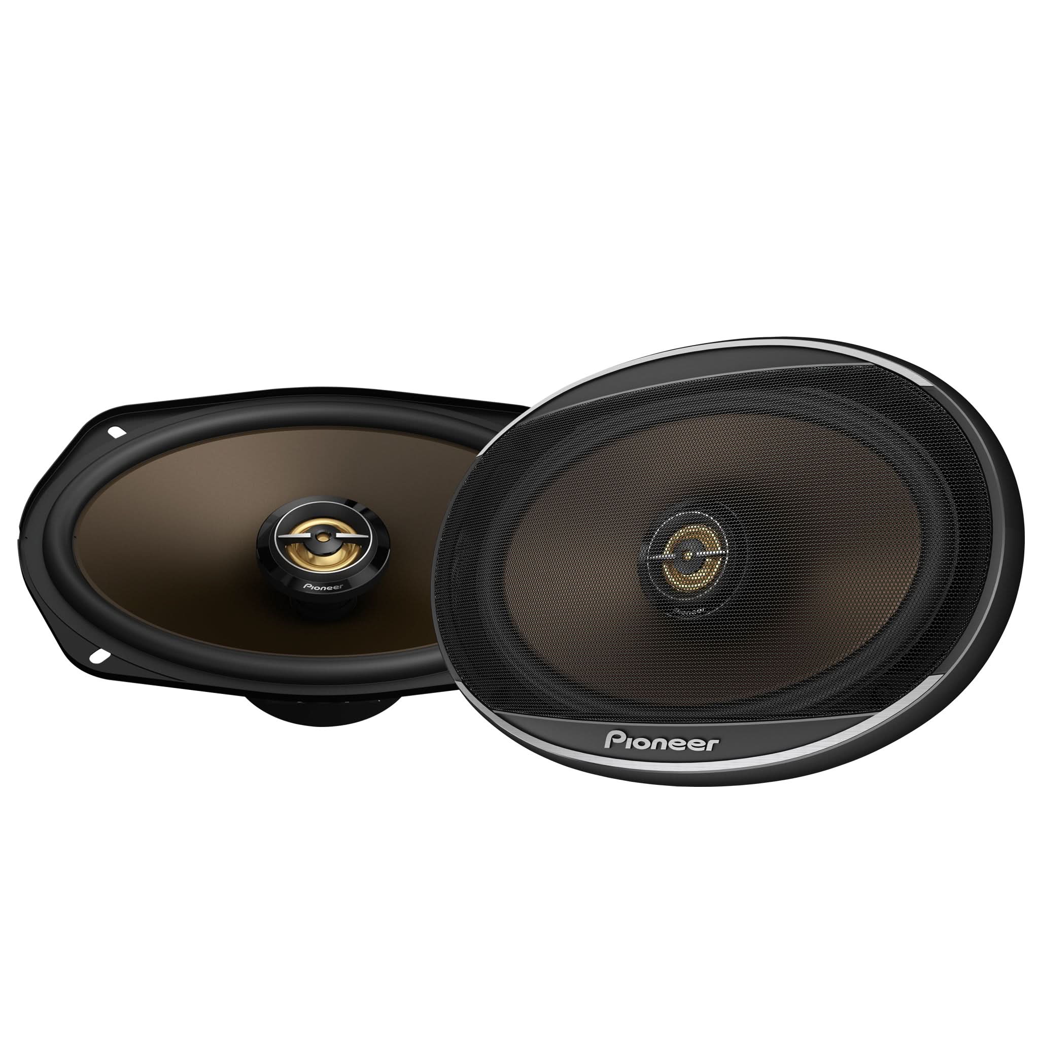 Two Pioneer car speakers on a white background