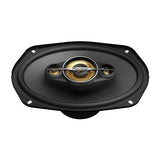 Front view of pioneer speaker with no grill and three tweeters connected