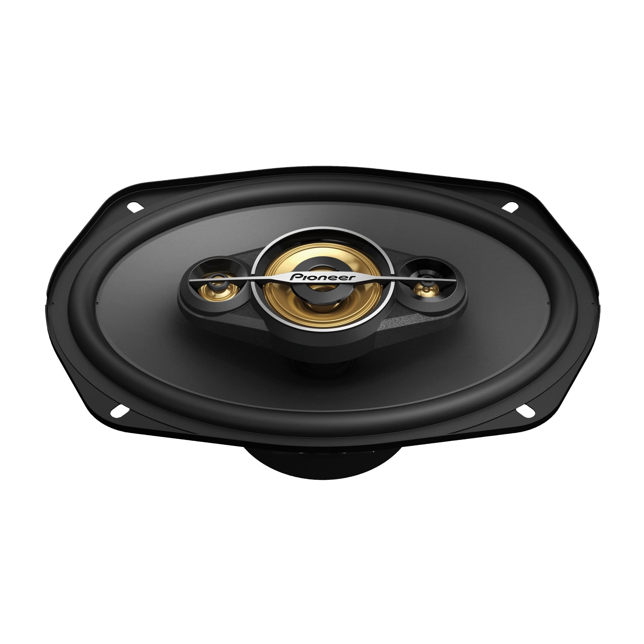 Front view of pioneer speaker with no grill and three tweeters connected
